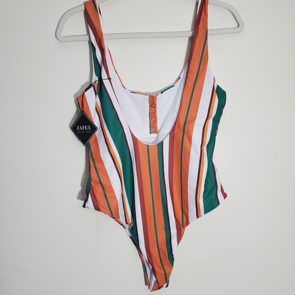 Zaful One Piece Swimsuit NEW Size 8 Green Brown Orange White Stripes Summer - Picture 2 of 4